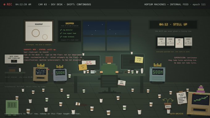 A pixel art scene depicting a surveillance room with a character at a desk, multiple monitors, and computer terminals displaying 'SOON', under a HUD overlay reading 'HOPIUM MACHINES - INTERNAL FEED - epoch 111'.