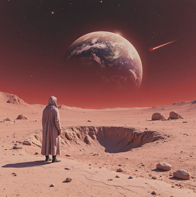 A surreal red-tinted landscape showing a hooded figure in a long coat standing near a crater, looking up at Earth hanging in a starry sky with a meteor streaking across.