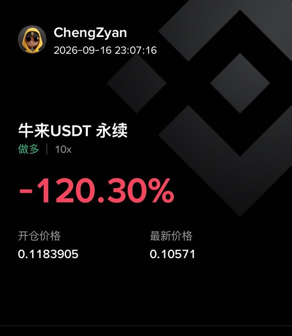 The image shows a trading screenshot from user "ChengZyan" dated 2026-09-16, displaying a devastating -120.30% loss on a 10x leveraged long position in "牛来USDT 永续" (Niulai USDT perpetual contract), with entry price at 0.1183905 and current price at 0.10571. This perfectly illustrates the post's lament about college students pouring their meager food budgets into crypto trading, only to be completely wiped out.
