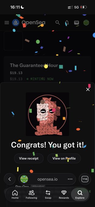 A mobile screenshot of the OpenSea app showing a successful NFT purchase with the text "Congrats! You got it!" over an image of a low-poly character.