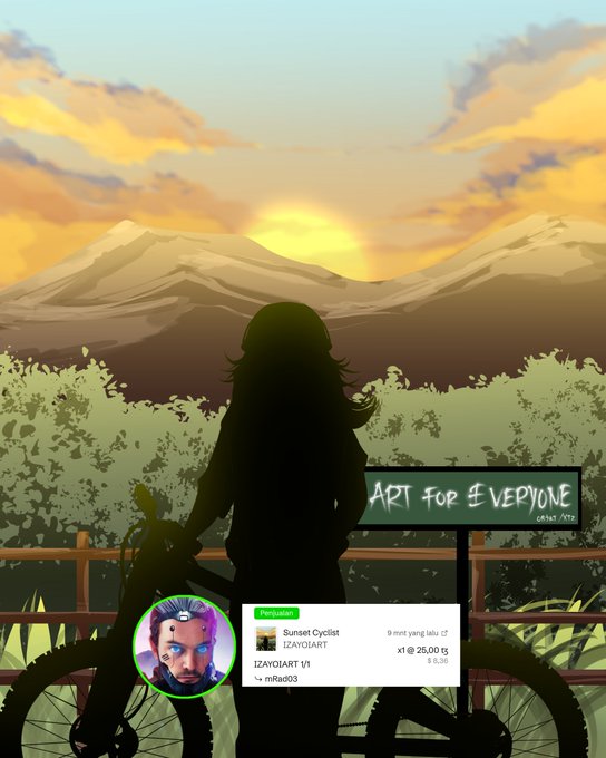 An illustrated scene shows a silhouetted figure with long hair standing with a bicycle overlooking mountains at sunset, with a sign reading 'ART FOR EVERYONE' and a TikTok overlay for 'Sunset Cyclist IZAYOIART 1/1 x ฿25.00'.