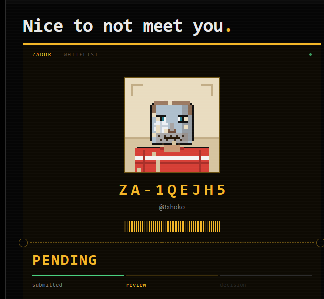A screenshot of a digital ID card for 'ZA-1QEJH5' with the username '@0xhoko', featuring a pixel art skull character in a red striped shirt, with the text 'Nice to not meet you.' at the top and a 'PENDING' status for review.