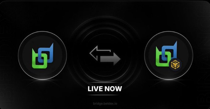 A graphic showing two blockchain logos connected by arrows above the text "LIVE NOW" and "bridge.beldex.io" on a dark background.