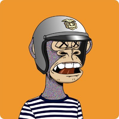 The image features a cartoon monkey wearing a helmet with a police officer emblem on it. The monkey appears to be wearing a striped shirt, giving him a unique appearance. The background of the image is orange, which contrasts with the blue sky depicted above. There are no other objects or text in the image besides the monkey and his surroundings.