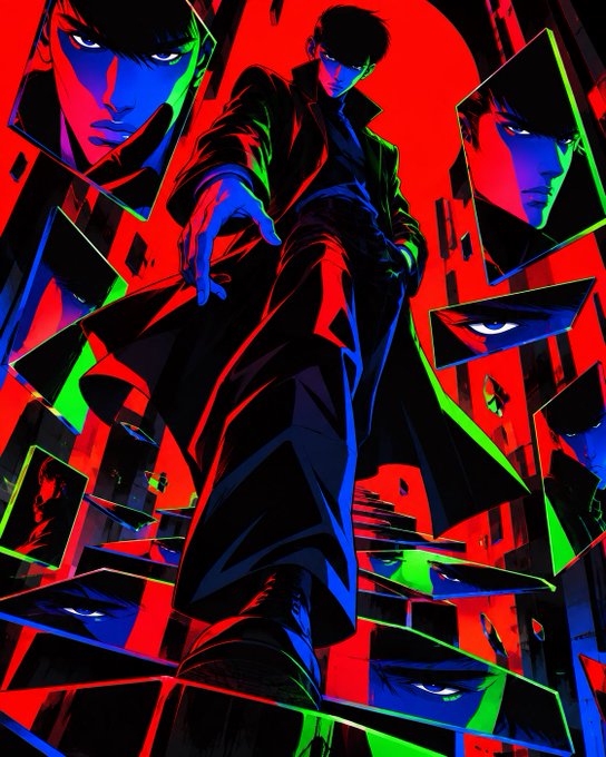 A vibrant, stylized illustration of a man in a dark coat standing amidst shattered mirrors that reflect his face, rendered in bold red, blue, and green colors.