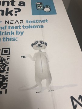 A photograph of a poster with a QR code, displaying a 3D illustrated ferret/marten character next to text about requesting test tokens.