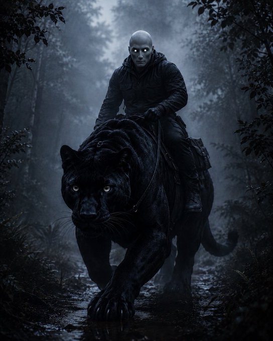 A pale bald figure with glowing white eyes rides a large black panther through a dark, misty forest.