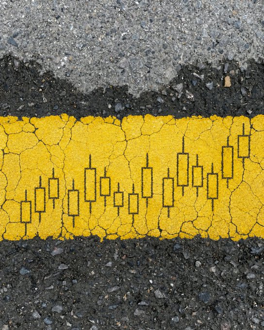 A cracked yellow road line transforms into a stock market candlestick chart, visually reinforcing the post's message about seeing investment opportunities where others see ordinary streets.