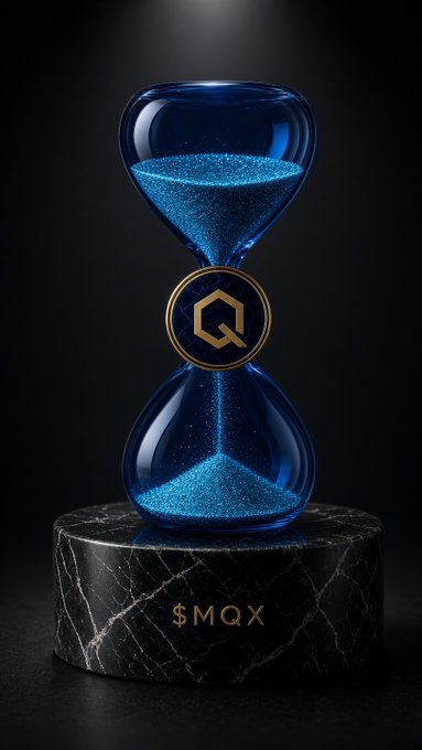 A digital artwork featuring a blue hourglass filled with glowing blue sand, adorned with a gold 'Q' coin emblem in the center, resting on a black marble pedestal labeled '$MQX.'