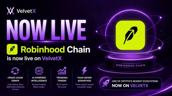 A purple and neon green promotional banner announces that 'Robinhood Chain is now live on VelvetX,' highlighting features like cross-chain swaps, AI-powered intelligence, trending tokens, and 'your unfair advantage.'