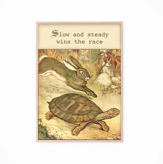A framed illustration of a hare and tortoise racing, featuring the text 'Slow and steady wins the race' at the top.