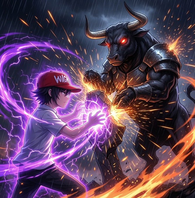 A young man wearing a red cap labeled "WIXOSS" unleashes purple lightning against a fiery, armored minotaur with glowing red eyes in a dramatic anime-style battle. The image visually represents the post's "Build it and they will come" message for $ANSEM, symbolizing the energy and conflict in building a crypto community.