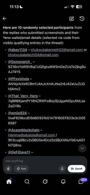 The image shows a screenshot listing 10 randomly selected giveaway participants with their email addresses and crypto codes, including usernames like @aboy1134, @emiie924, @Aceonblockchain, and @DeFiDave11, which corresponds to the post announcing the giveaway winners who are tagged to claim their prize.