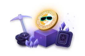 A 3D illustration of a gold coin with sunglasses, a purple pickaxe, purple crystals, and a dark purple cube with a face design, set against a white background.