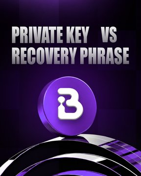 The image is a graphic with a dark purple background featuring the text "PRIVATE KEY VS RECOVERY PHRASE" prominently displayed, along with a stylized "B" logo inside a glowing purple sphere, suggesting a comparison between cryptocurrency wallet security concepts.