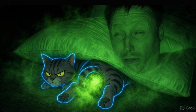 A stylized digital artwork marked with 'Grok' watermark showing a man sleeping on a green pillow with a blue-outlined cat beside him emitting green glowing smoke or mist.