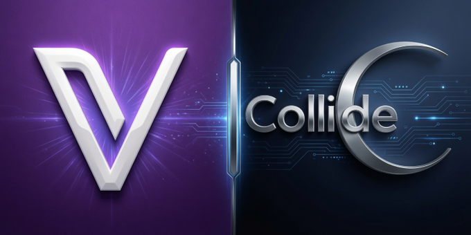 Promotional graphic featuring a metallic triangular 'V' logo on a purple background opposite a silver 'Collide' logo on a dark blue tech-themed background, separated by a glowing divider.