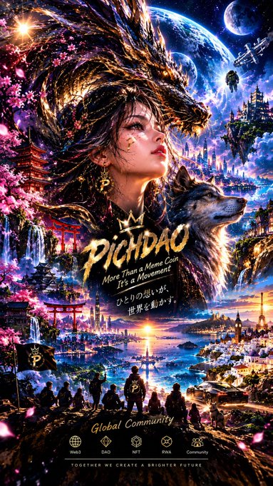 A vibrant, colorful fantasy poster for 'PICHDAO' featuring a woman with a dragon headdress, a wolf, and an elaborate landscape, with the text 'More Than a Meme Coin It's a Movement' and 'Global Community'.
