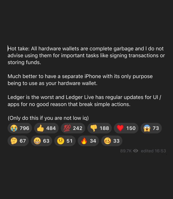 A social media post featuring a 'Hot take' claiming all hardware wallets are garbage, suggesting instead to use a separate iPhone as a hardware wallet, and criticizing Ledger, with the post receiving 89.7K views and various emoji reactions.