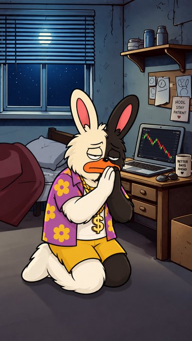 A cartoon duck-bunny hybrid character wearing a money-themed shirt sits dejectedly on the floor beside a laptop displaying a stock chart, evoking the emotional impact of crypto losses. The image ties into the post's $SOL airdrop message by capturing the disappointment of missed or failed crypto gains, with a wall note reading "HOOD STAY PATIENT" serving as a fitting motto for hopeful airdrop hunters.
