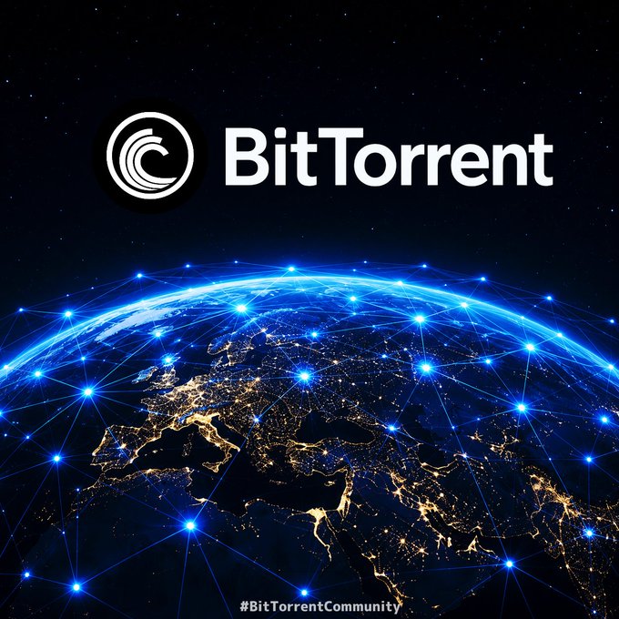 The image features a planet with blue lights, representing the internet, and white text that reads "Bittorrent", which is related to Bitcoin. The caption below the image states "#BTT #Bitcoin #QuietBuilders #LoudestImpact".