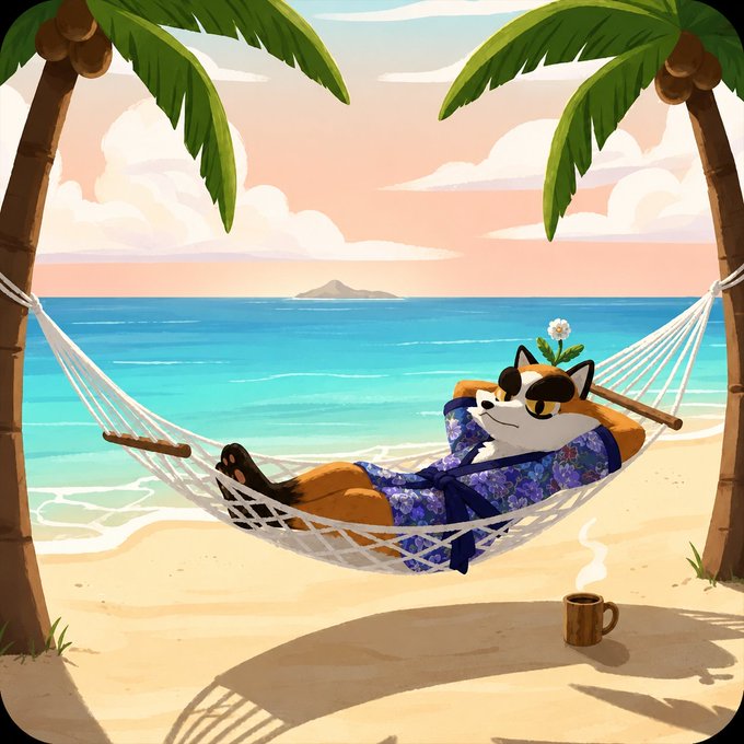 An illustration of a red panda character in a floral robe and sunglasses lounging in a hammock between two palm trees on a beach, with a steaming mug beside it.