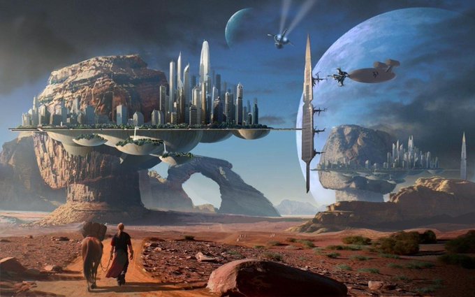 A sci-fi fantasy scene depicting two figures walking toward a futuristic floating city with sleek skyscrapers hovering above a rocky desert landscape, with spaceships and large planets visible in the sky.