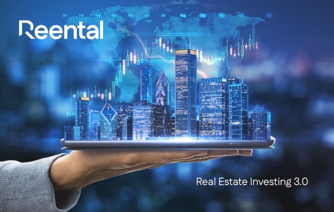 A promotional graphic with the text 'Reental' and 'Real Estate Investing 3.0', showing a futuristic cityscape emerging from a smartphone held in a hand.
