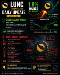 The image is a daily update infographic for Terra Luna Classic ($LUNC) showing a 1.9% price bounce to $0.000058, a "Mostly Flat" 24-hour price action trend, and sections titled "What Changed Today?" and "What Didn't Change?" highlighting both positive developments and ongoing concerns like declining volume and weak on-chain activity.

The image directly illustrates the post's conclusion by visualizing $LUNC's modest 1.9% bounce alongside the "What Didn't Change?" section emphasizing flat volume, stagnant burn rates, and lack of ecosystem catalysts—reinforcing the message that the small price increase doesn't alter the asset's overall consolidation outlook.