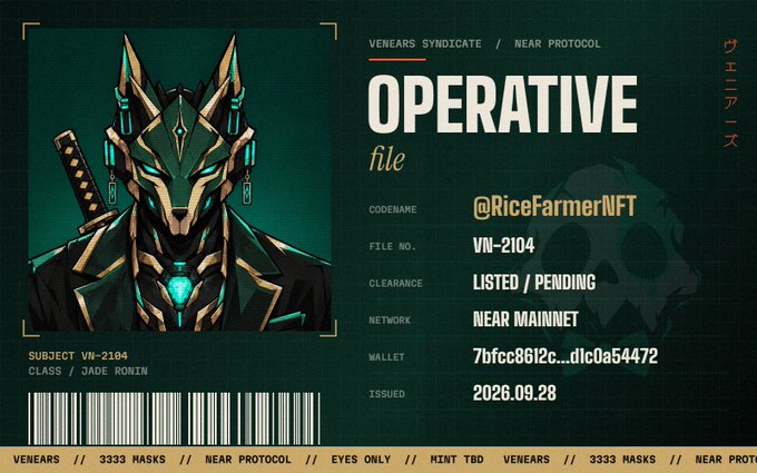 A digital 'OPERATIVE file' card for a cyberpunk wolf character (Class: Jade Ronin, VN-2104) from the Venears Syndicate on NEAR Protocol, assigned to @RiceFarmerNFT.