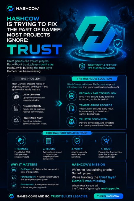 A promotional infographic for HASHCOW explaining how it provides verifiable trust infrastructure for GameFi projects, with 'HASHCOW IS TRYING TO FIX THE PART OF GAMEFI MOST PROJECTS IGNORE: TRUST'.