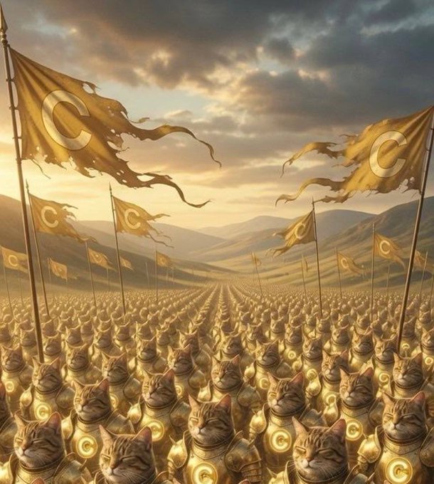 An AI-generated fantasy artwork depicts a vast army of cats in golden armor holding numerous yellow flags with 'C' logos, set against a dramatic sky and mountainous landscape.