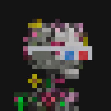 A heavily pixelated, low-resolution image of a floral-crowned figure wearing red-and-blue 3D glasses against a dark gray background.