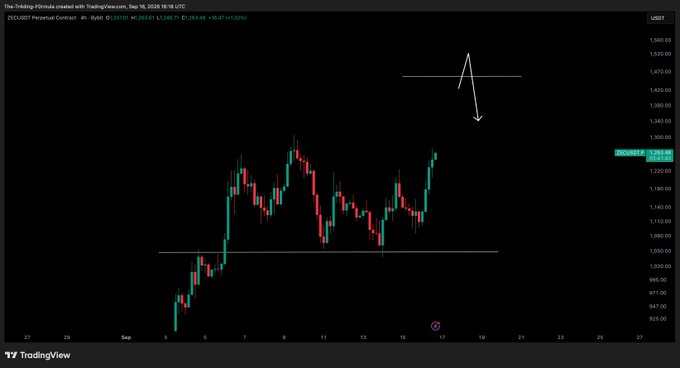 A TradingView chart of ZECUSDT Perpetual Contract shows the price at 1,263.71 (+0.47%), with a hand-drawn annotation featuring an arrow pointing downward from a horizontal resistance line near 1,470 toward the current price action, visually reinforcing the post's message that ZEC is heading toward its target.