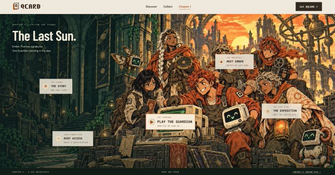 A webpage screenshot for 'The Last Sun' NFT project by 'QCARD', featuring anime-style character artwork and interface elements like 'PLAY THE GUARDIAN' and 'MINT EMER'.