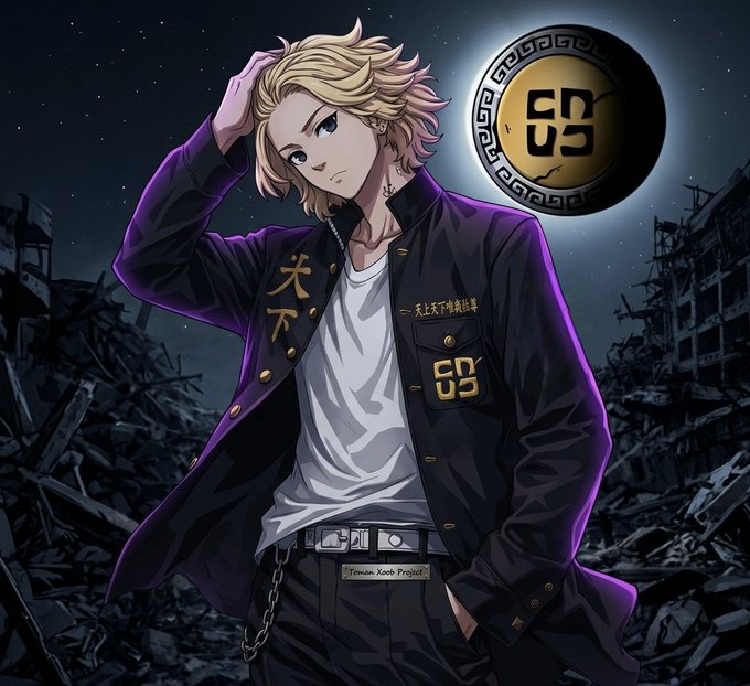 An anime-style character with blonde hair stands in a dark, ruined cityscape wearing a black jacket with gold lettering, alongside a glowing circular emblem with an Asian-style symbol.