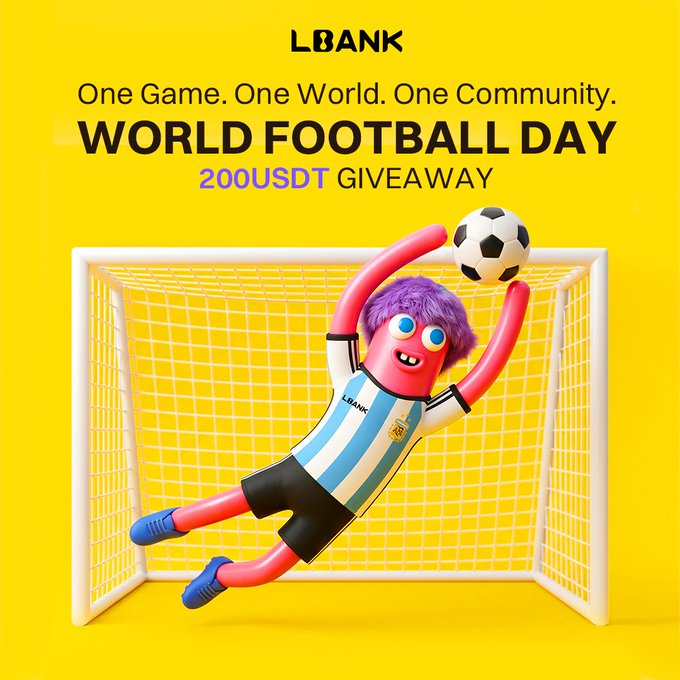 The image features a cartoon soccer goalie character with a purple wig, holding a soccer ball over his head as if he has just scored a goal. Below him, there's text that reads "One Game, One World, One Community, World Football Day 20000USDT Giveaway". This suggests that the image is promoting an event or contest related to World Football Day and encourages people to participate by sharing their photos of themselves with the soccer goalie character.