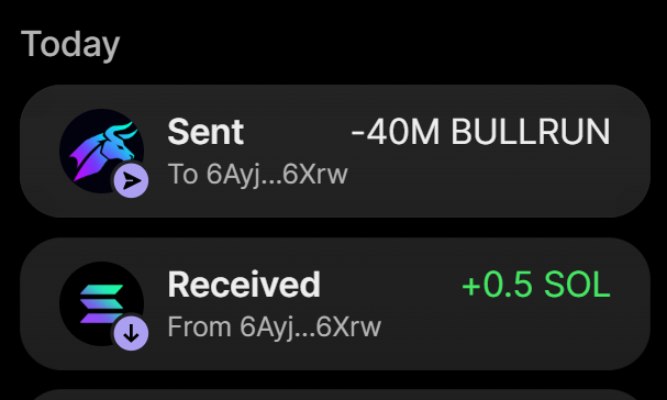 The image shows a crypto wallet transaction history displaying a "Sent" entry of -40M BULLRUN to address 6Ayj...6Xrw and a "Received" entry of +0.5 SOL from the same address, confirming the completion of the 40 million $BULLRUN token purchase for 0.5 SOL as advertised.