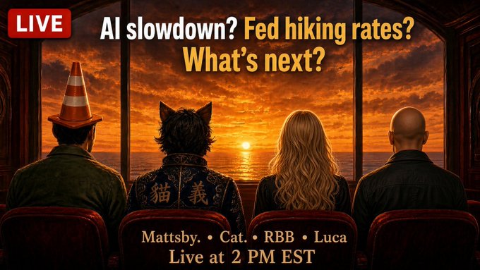 A live stream thumbnail showing four figures (including one wearing a traffic cone and another in a cat hoodie with Chinese characters) sitting in red cinema-style chairs facing a sunset over the ocean. The text reads "LIVE," "AI slowdown? Fed hiking rates? What's next?" and lists the panelists "Mattsby • Cat • RBB • Luca" airing "Live at 2 PM EST," promoting an upcoming YouTube live discussion featuring Blonde Broker, CrypticTrades, Great Mattsby, and cantonmeow.