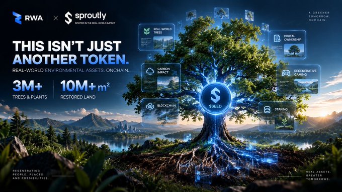 A promotional graphic for RWA and Sprouty ($SEED) token showing 'THIS ISN'T JUST ANOTHER TOKEN. REAL-WORLD ENVIRONMENTAL ASSETS, ONCHAIN.' with stats: '3M+ TREES & PLANTS' and '10M+ m² RESTORED LAND.'