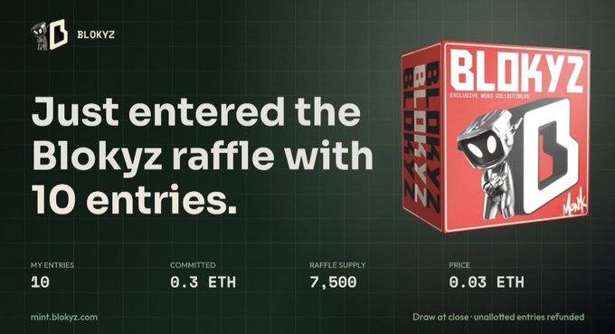 A promotional graphic for "BLOKYZ" stating "Just entered the Blokyz raffle with 10 entries." with details showing 0.3 ETH committed, 7,500 supply, and 0.03 ETH price.