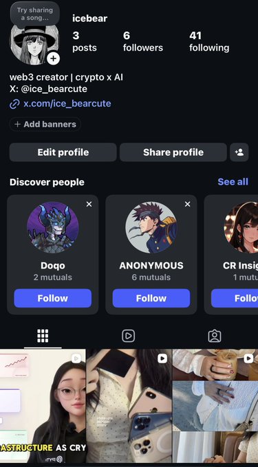 An Instagram profile page for 'icebear' (3 posts, 6 followers, 41 following) describing themselves as a 'web3 creator | crypto x AI' with @ice_bearcute handle, showing suggested accounts like Doga, ANONYMOUS, and CR Insight.