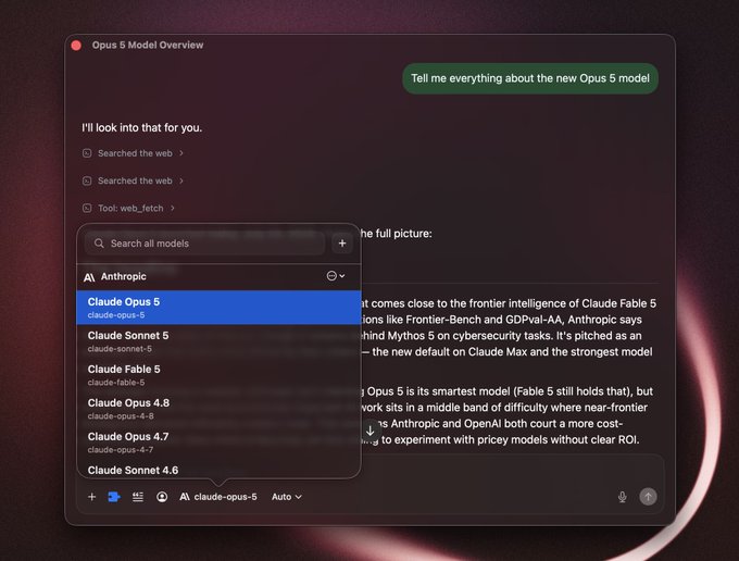 A screenshot of Bolt AI's chat interface showing a user asking "Tell me everything about the new Opus 5 model," with the model selector dropdown open displaying Anthropic's Claude Opus 5 (claude-opus-5) as the highlighted option, confirming the post's claim that Opus 5 is available on Bolt AI.