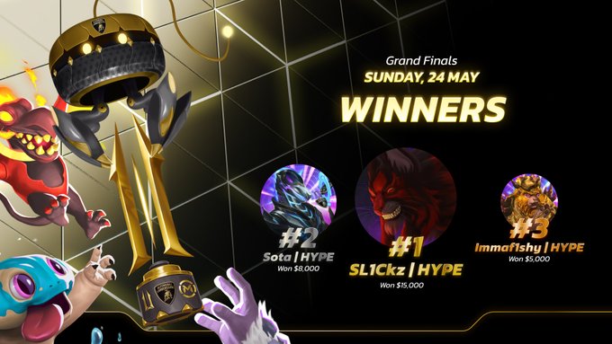 A poster for a video game event features a trophy, text, and three images of characters against a black background with gold accents.