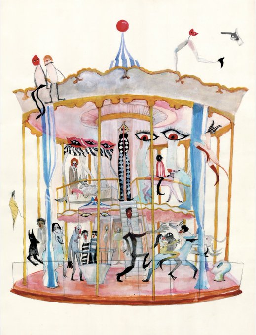 A whimsical watercolor illustration depicts a colorful circus carousel filled with assorted characters, performers, and animals including a red balloon on top and acrobats on the roof. The dreamlike, carnival-themed artwork fittingly accompanies the playful "Gm" (good morning) greeting.