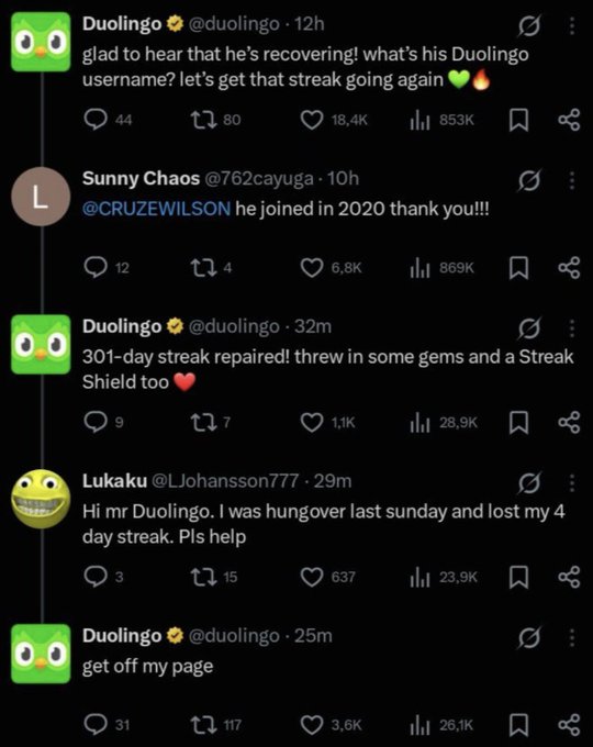 Screenshot of a Twitter/X thread with Duolingo responding to users, including one asking to repair a streak lost due to being hungover, with Duolingo ultimately replying 'get off my page.'