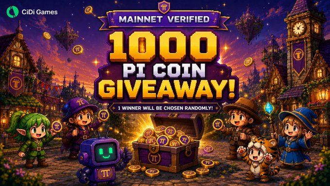 The image features a poster for a gaming event, specifically a game called "1000 Pi Coin Giveaway!". The poster includes a cartoon illustration of a group of people standing around a chest filled with coins. The text on the poster announces that the mainnet has been verified and invites players to enter their information in order to win 1000 pi coins. The post also mentions that the winner will be chosen randomly, adding an element of chance to the game.