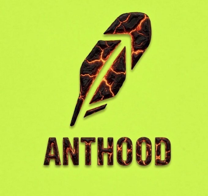 A logo featuring a feather design made of cracked, lava-filled rock above the text 'ANTHOOD' on a bright green background.