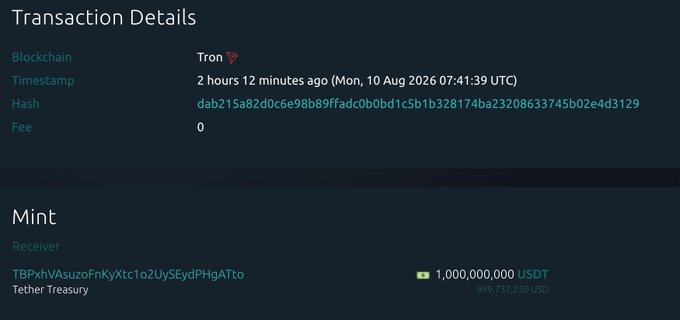 Tron blockchain transaction details showing a mint of 1,000,000,000 USDT (~$999,737,250 USD) to Tether Treasury, timestamped 2 hours 12 minutes ago.