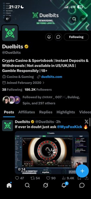 Twitter/X profile page for @Duelbits, describing itself as a 'Crypto Casino & Sportsbook | Instant Deposits & Withdrawals' with 186.2K followers and a pinned tweet reading 'If ever in doubt just ask @MyaFoxKick'.